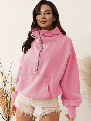 Women's Autumn/Winter Solid Color Half-Zip Long-Sleeve Kangaroo Pocket Hooded Sweatshirt