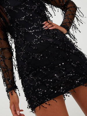 Black Crew Neck Sequins Slim-fit Mini&Short Dresses