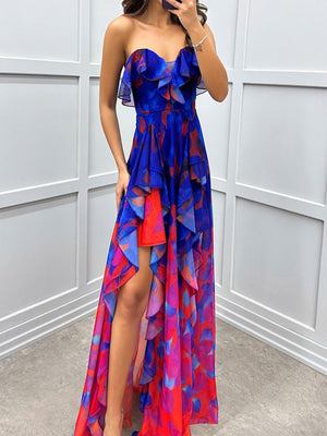 Mesh Printed Slit Ruffle Formal Dress Maxi Dresses