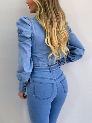 Puff Sleeves Long Sleeve Denim T-shirt