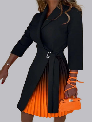 V-neck Tie-waist Cinched Mid-length Sleeves With Pleats Gradient Print Mini&Short Dresses