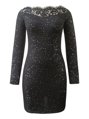 Off-the-shoulder Lace Splicing Sexy Silver-stamped Off-shoulder Bodycon Black Evening Mini Dress
