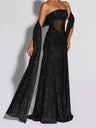 Sequined Strapless Top Perspective Ribbon Waist-cinching Belt Maxi Dresses