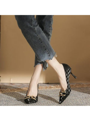 Liber Spring and Autumn Plaid Metal Buckle Women's High Heels