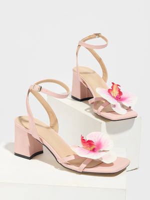 Three-dimensional Floral Square-toe Elegant Light Pink High-heeled Sandals