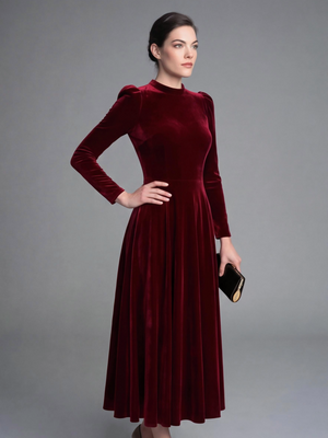Long Sleeves Solid Color Velvet Maxi Dresses