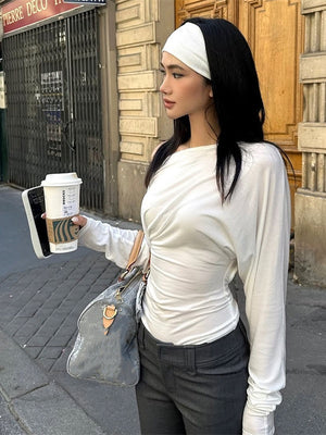 Fashionable Street Style Off-shoulder Long-sleeved Slim-fit T-shirt