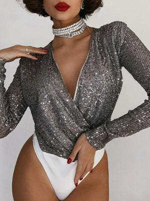 Sequins Perspective Long Sleeves Deep V-neck Jumpsuits&Bodysuits