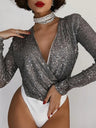 Sequins Perspective Long Sleeves Deep V-neck Jumpsuits&Bodysuits