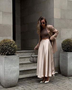 Elegant High-waisted Satin Satin Long Skirt With A Full Hem