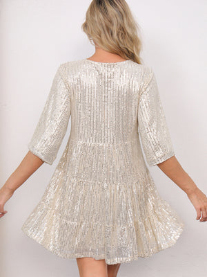 Sequins Pleated Multi-story Crew Neck Short Sleeve Mini&Short Dresses