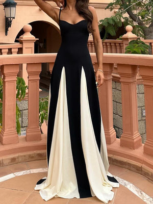 Black And White Color-blocked Long Slip Dress
