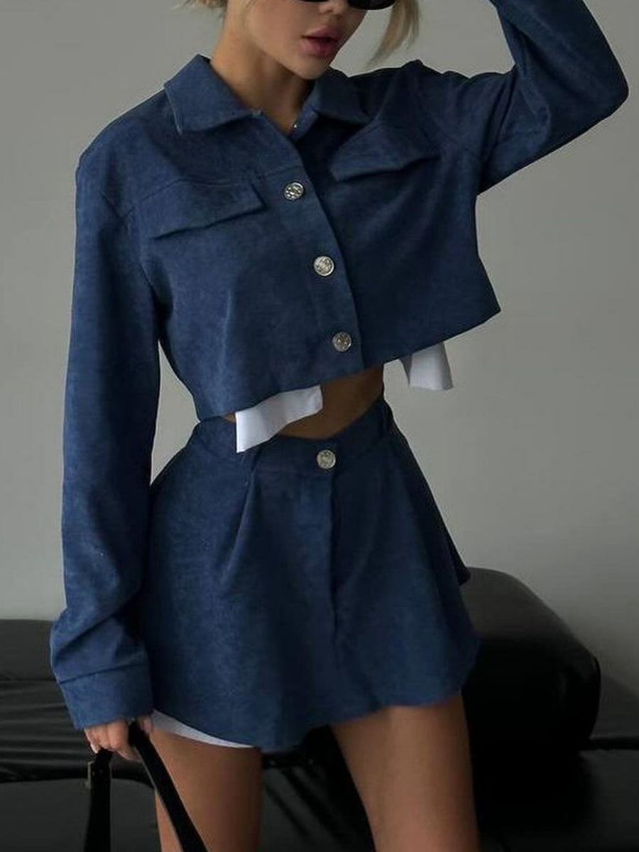 Liber Autumn women's contrasting navel-baring clothing Short Long sleeve Shirt Short skirt two-piece suit