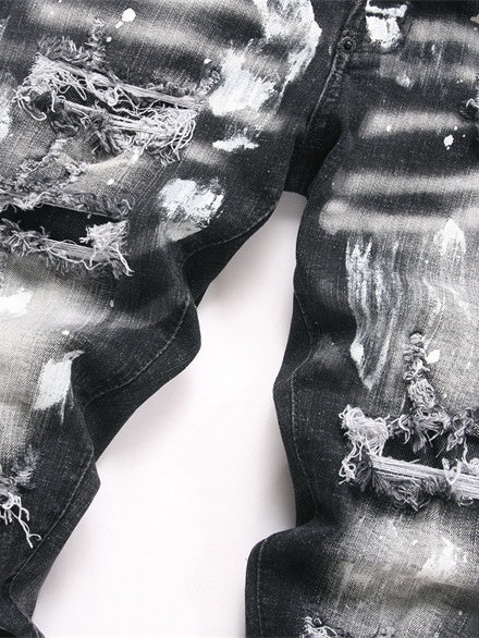 Punk Black Ripped Patch Paint Slim Mid-rise Straight-leg Jeans