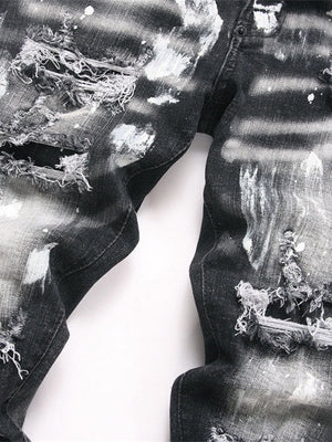 Punk Black Ripped Patch Paint Slim Mid-rise Straight-leg Jeans