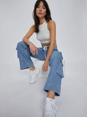 Washing Multiple Pockets Wide Leg Lace Up Jeans