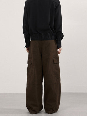 Retro Vintage Multiple Pockets Splicing Pleated Wide-leg Cargo Trousers