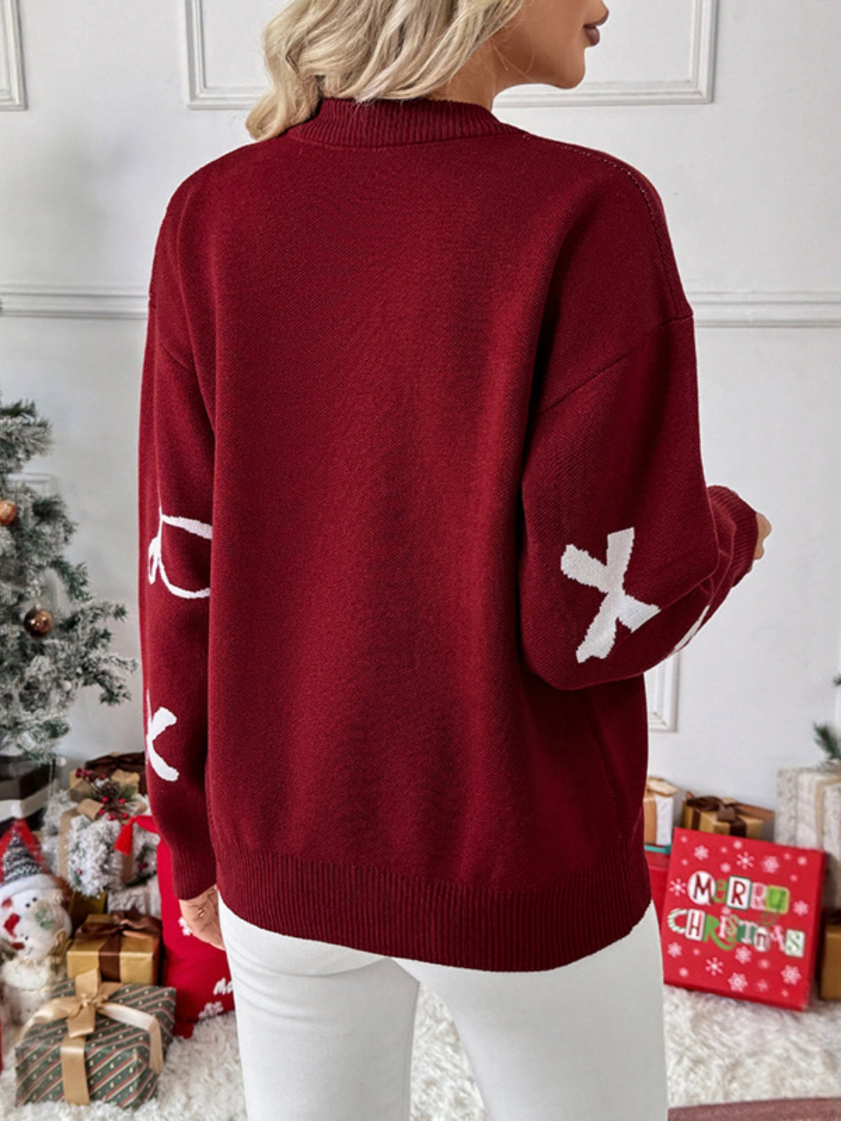Christmas Bow Jacquard Sweet Red Round Neck Inner Top Long-sleeved Sweater