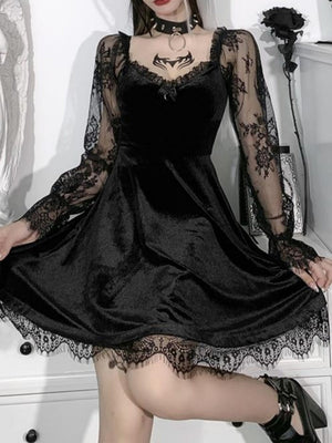 Halloween Lace Velvet Long Sleeve Midi Dresses