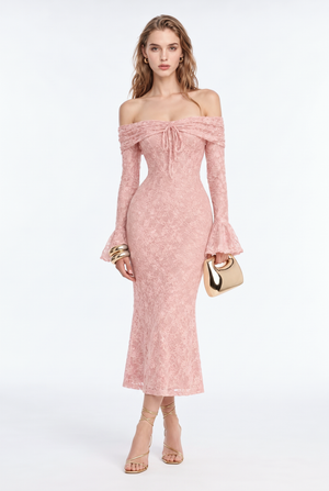 Lace Bow-embellished Off-shoulder Long-sleeved Dress