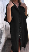 Mid-length Sleeve Cotton Linen Buttons Solid Color Midi Dresses