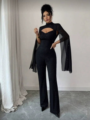 Paillettenbesetzte Chiffon-Jumpsuits und Bodys mit Cape, Rollkragen und durchbrochenem Brustbereich