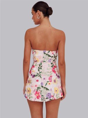 Bestickte 3D-Blumen, trägerlose Tops, Mini- und kurze Kleider für Partys