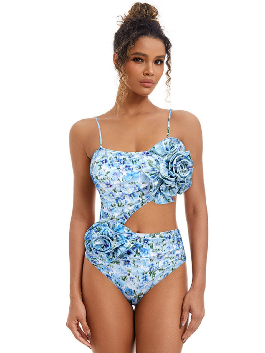 Floral-decorated Hollowed-out One-piece Swimsuit And Sun-protective Long Dress Two-piece Set
