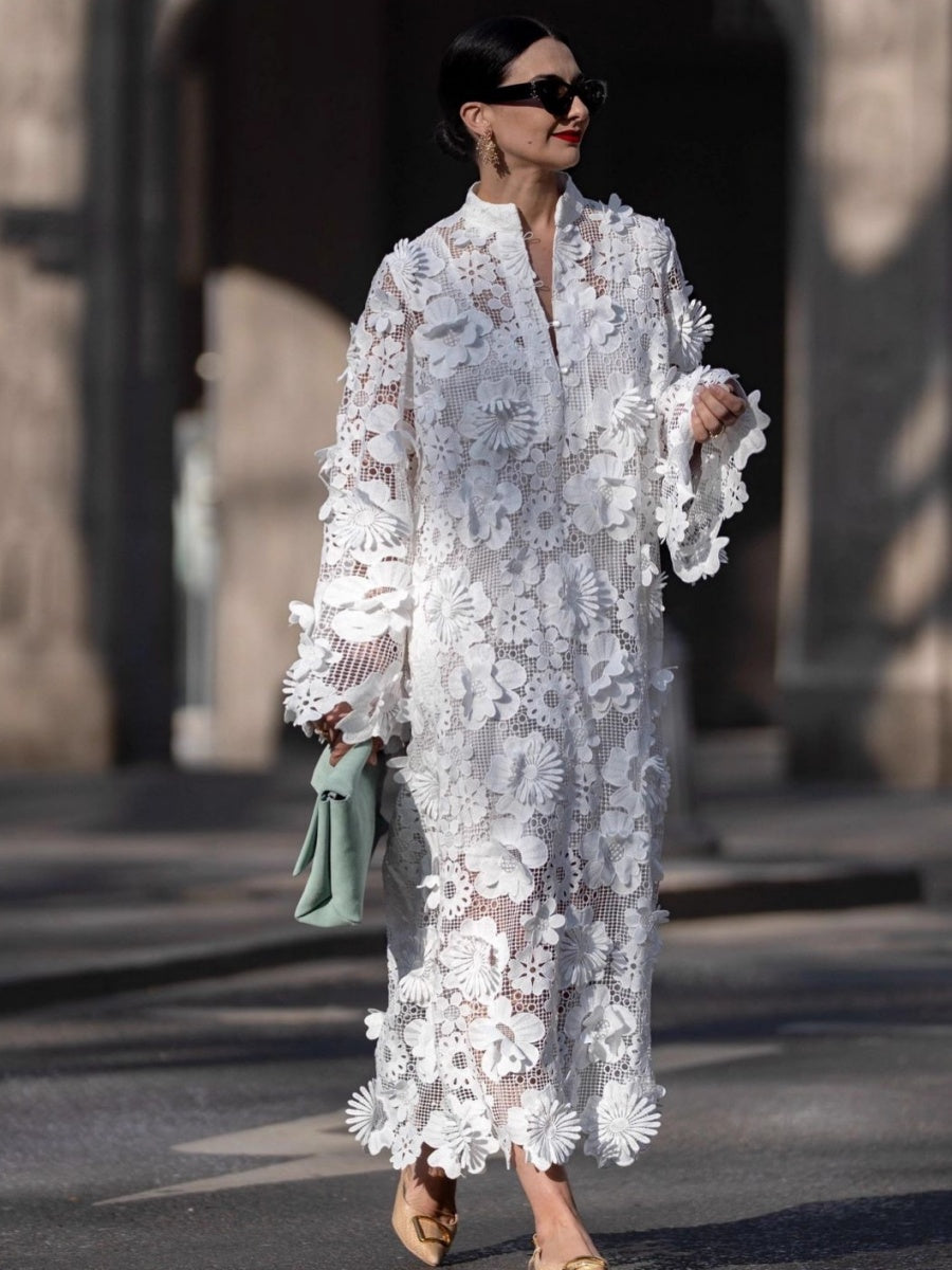 Hollow 3D Flowers Long Sleeve Vacation Maxi Dresses