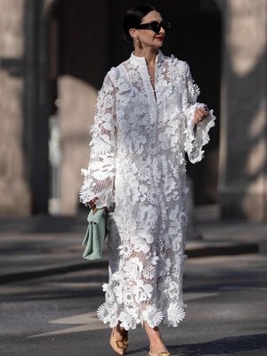Hollow 3D Flowers Long Sleeve Vacation Maxi Dresses