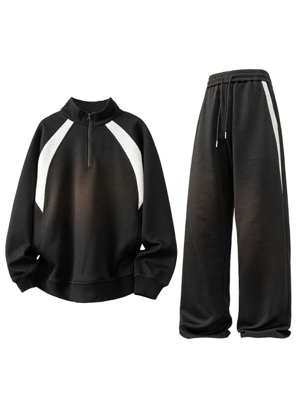 Color-blocked Half Zipper Loose-fit 2-piece Sets