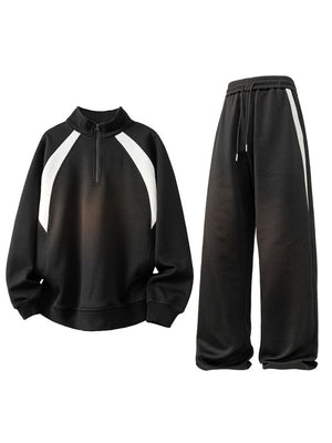 Color-blocked Half Zipper Loose-fit 2-piece Sets
