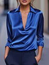 Satin Deep V-neck Long Sleeves Blouse
