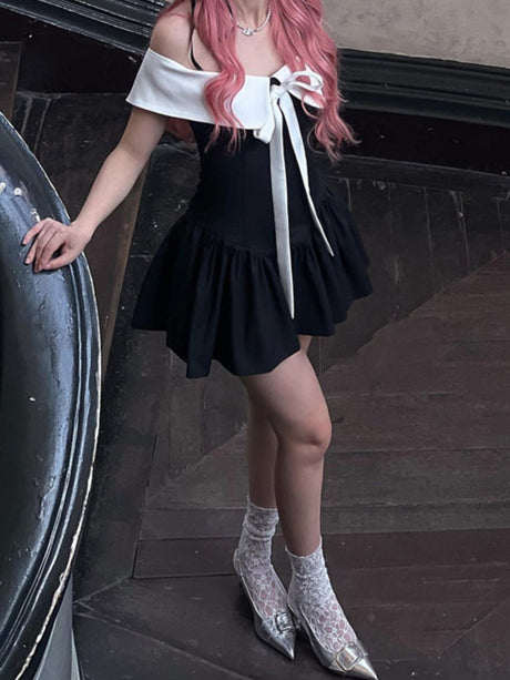 Off-shoulder Bow Waist Tie Short Sleeves Mini&Short Dresses