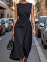 Sleeveless Round Neck Tie Midi Dresses