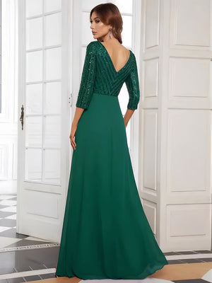 V-neck Sequins Spliced Long Dress