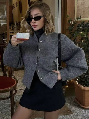 Stand Collar Buttoned Fashionable Short Long-sleeved Jacket Suit Coat