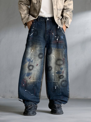 Patchwork Vertical Stripes Camouflage Washed Machete Jeans