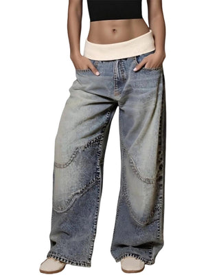 Y2K Color Blocking Threaded Waist Retro Jeans
