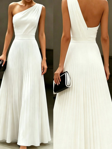 One Shoulder White Grace Pleats Formal Dress Maxi Dresses