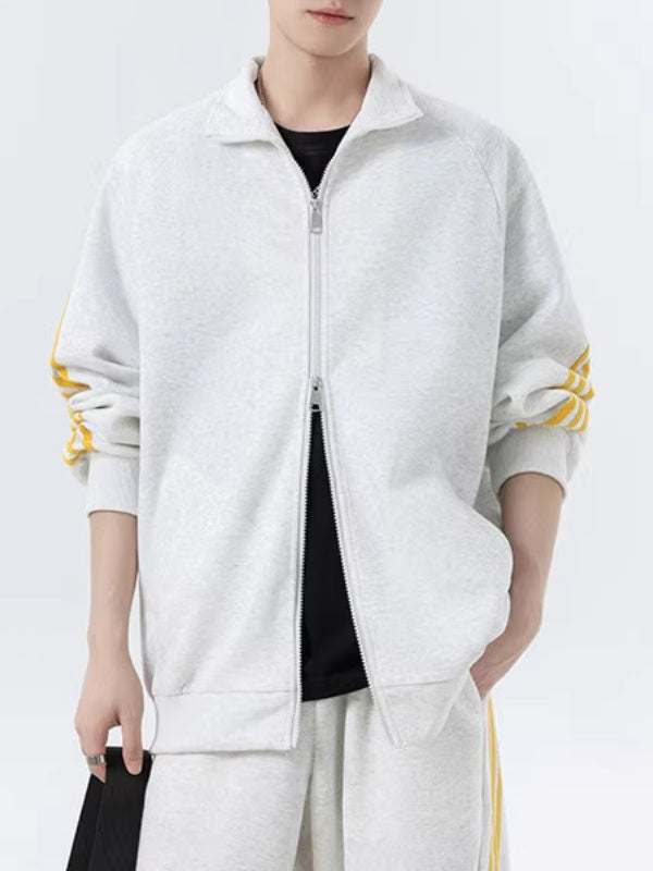 Color-blocked Stripes Straight-leg Trousers Sweatshirts Cardigan Set