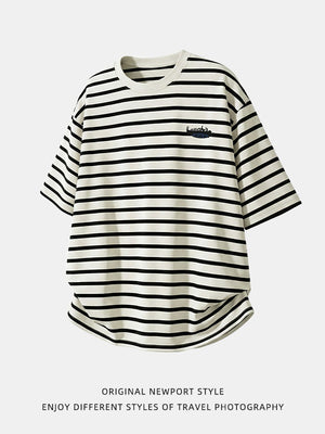 Color-blocked Stripes Letter Applique T-shirts