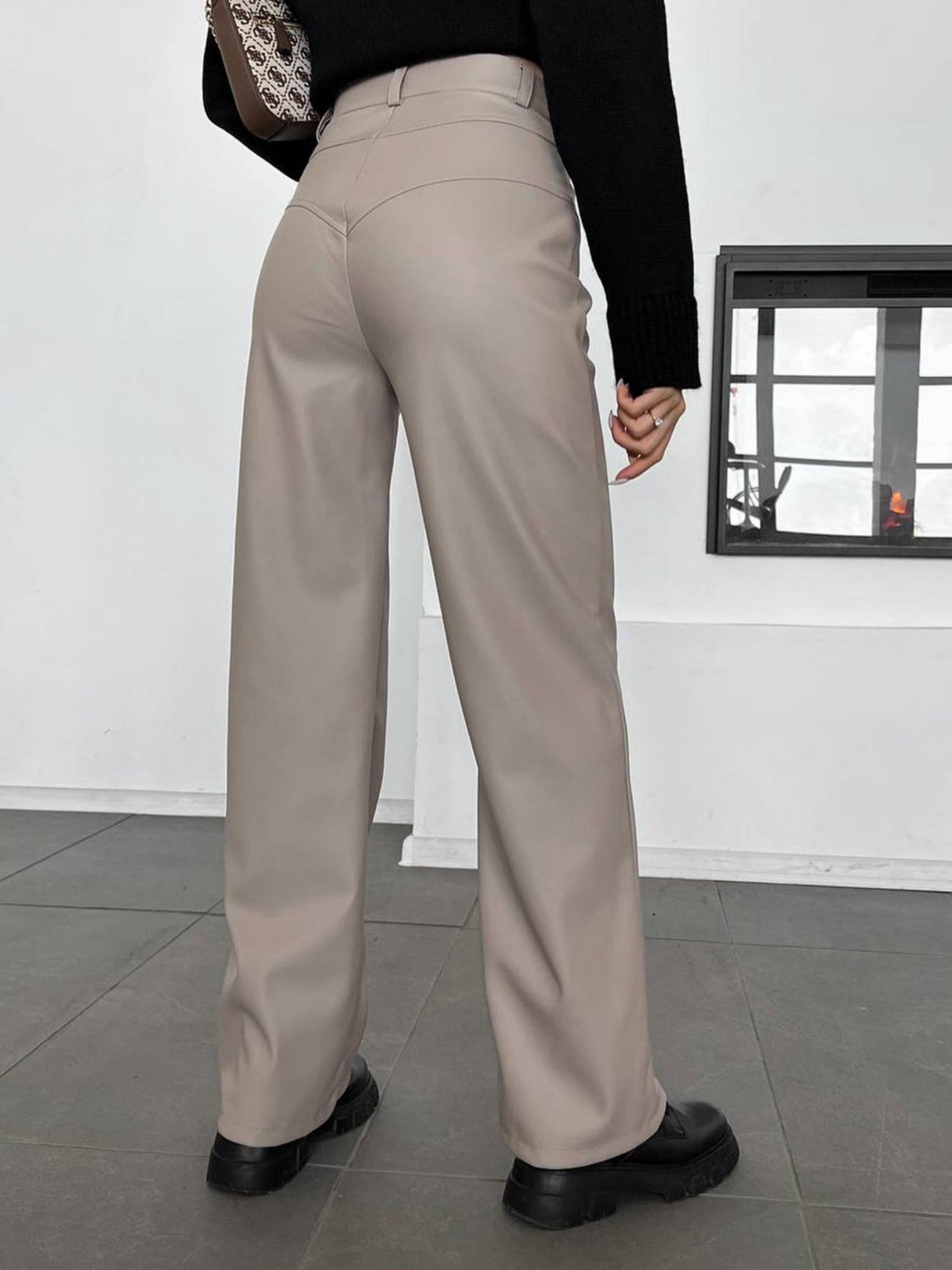 Leather Stitching Buttons High-waisted Straight-leg Pants Pants