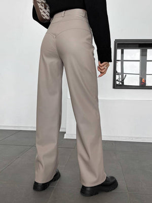 Leather Stitching Buttons High-waisted Straight-leg Pants Pants