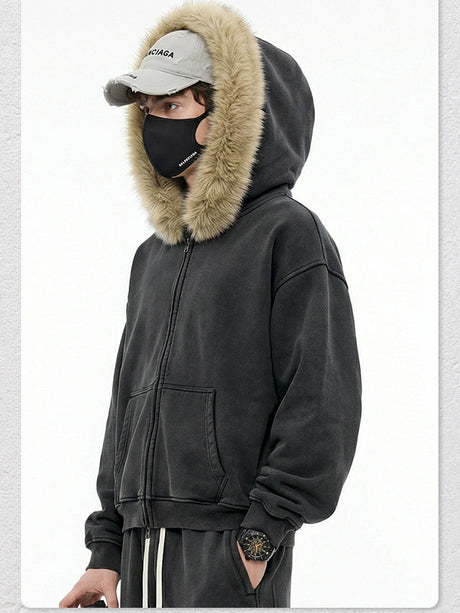 Washed Boxy Fur-collared Fleece Lined Hoodies Cardigan