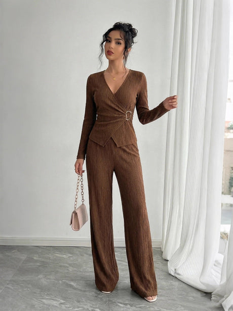 V-neck Cross Long Sleeve Metal Decoration T-shirts Pants Two Sets