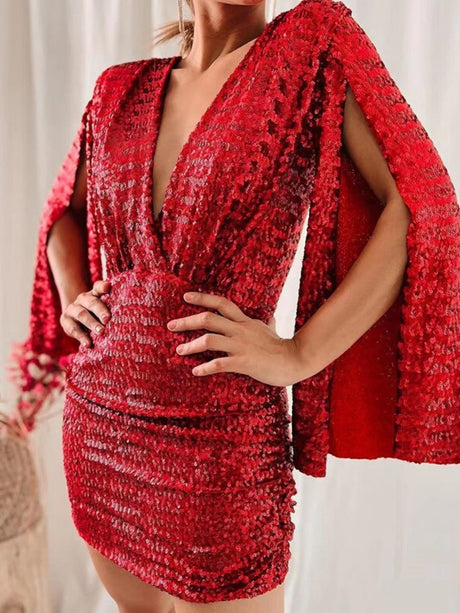 V-neck Hip-hugging Irregular Sequins Cloak Parties Mini&Short Dresses