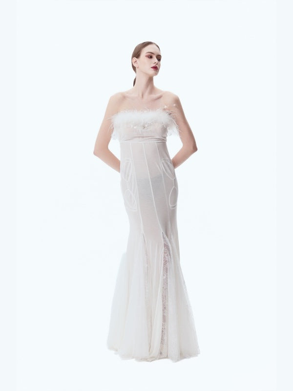 Ostrich Feather Strapless High-waisted Fishtail Bodycon Skirt