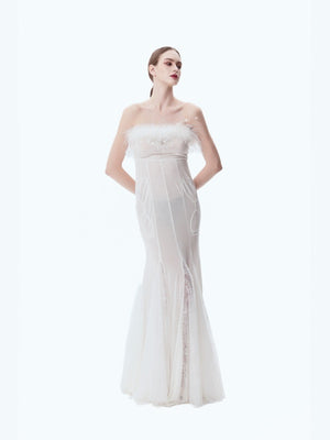 Ostrich Feather Strapless High-waisted Fishtail Bodycon Skirt