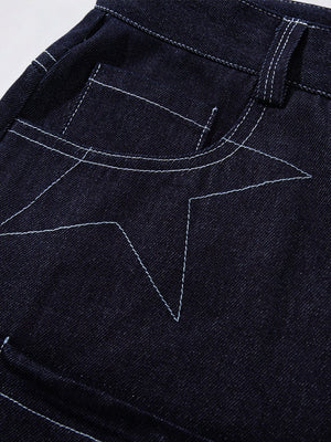 Five-pointed Star Loose-fit Straight-fit Multiple Pockets Five Points Denim Shorts